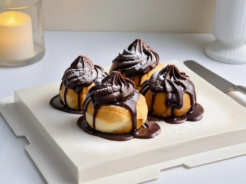 Un profiterol dorado relleno de crema de vainilla, con ganache de chocolate, sobre un plato blanco con azúcar glas