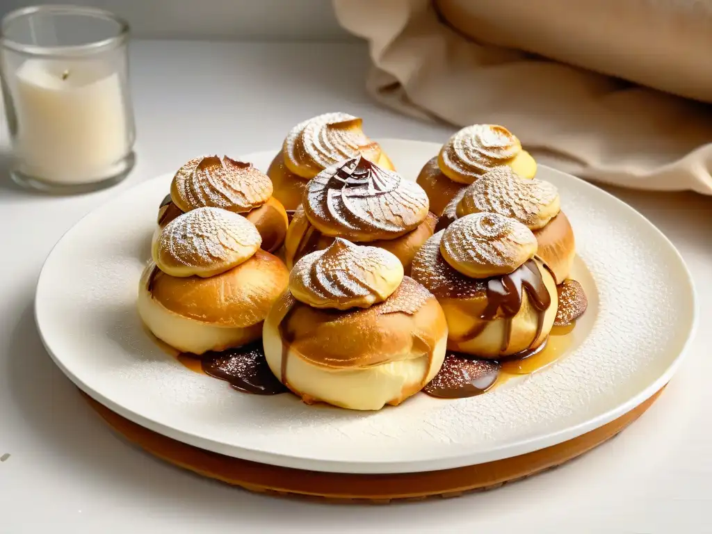 Profiteroles dorados recién horneados con vapor, espolvoreados con azúcar glass