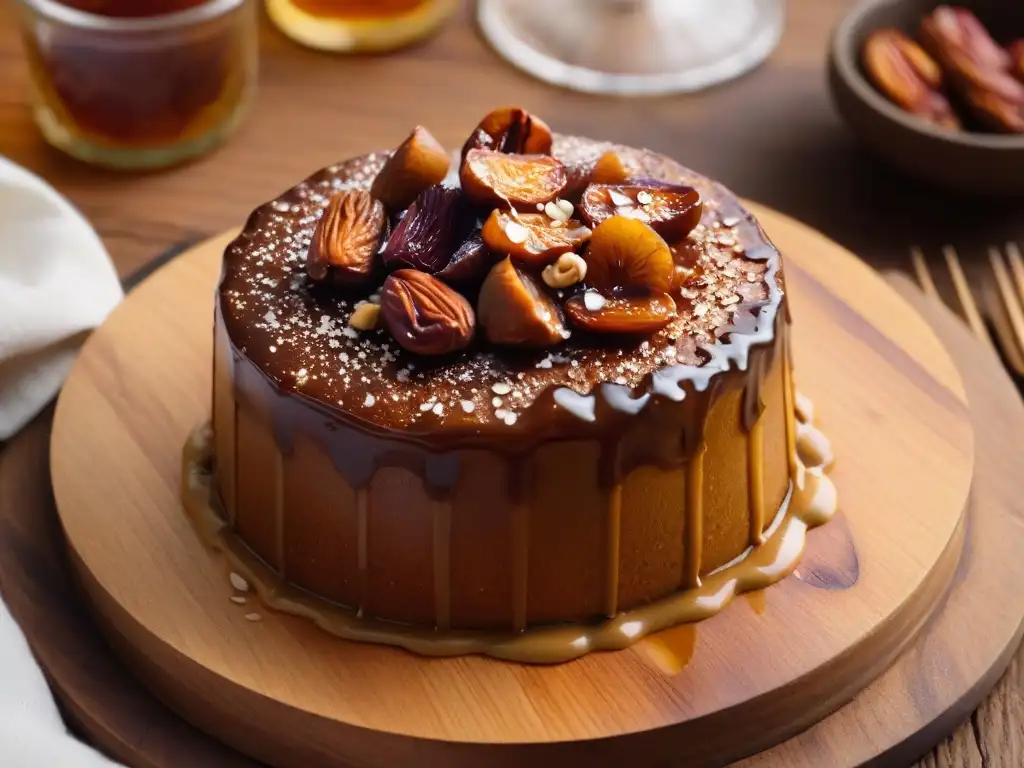 Pudín de Dátiles del Sahel: postre decadente con salsa de caramelo y nueces, servido en plato rústico