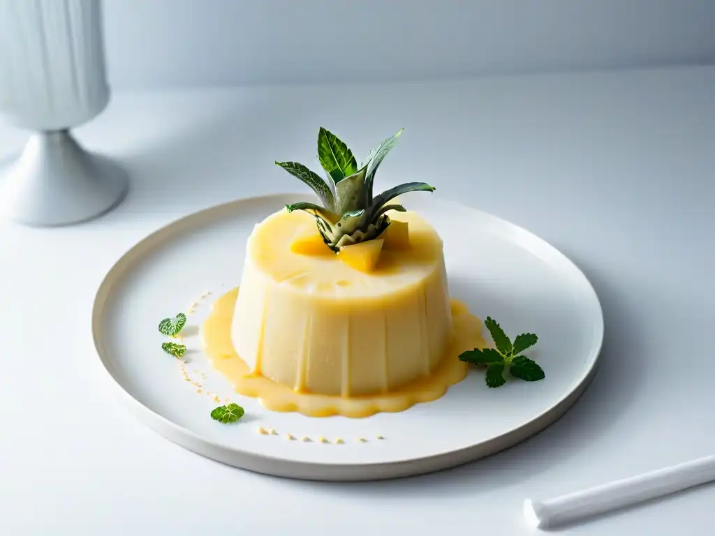 Un pudín de piña y jengibre exquisitamente presentado con hojas de menta fresca