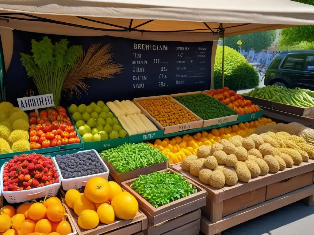 Un puesto de mercado lleno de ingredientes repostería vegana orgánicos en una escena vibrante y detallada