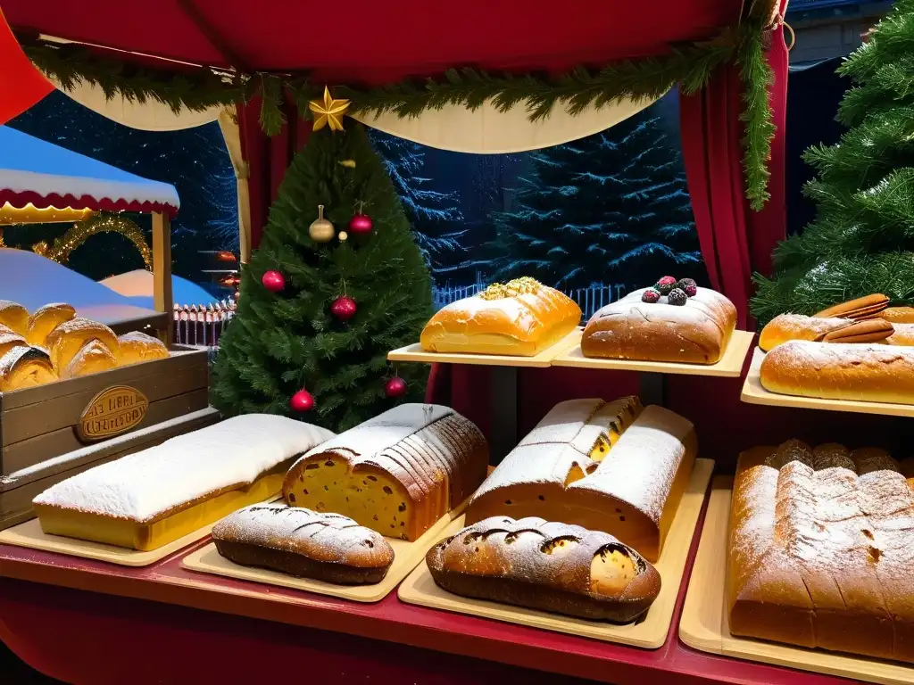 Un puesto de mercado navideño alemán con auténtica receta de Stollen, decorado festivamente