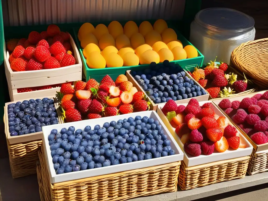 Un puesto de mercado rebosante de frutas locales frescas y coloridas, huevos y miel dorada, bajo la cálida luz del sol