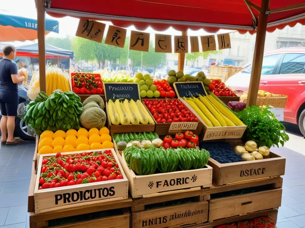 Un puesto de mercado vibrante con productos orgánicos en cajas de madera, ideal para compras éticas de repostería sostenible