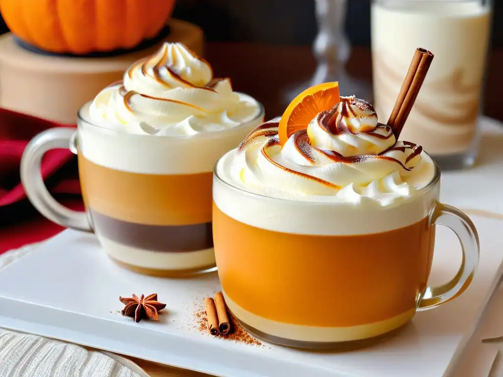 Un Pumpkin Spice Latte casero adornado con canela y nuez moscada, iluminado por el cálido sol de otoño en una cocina acogedora