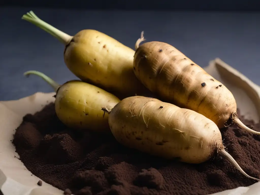 Raíces de yacón recién cosechadas enriquecidas con tierra fértil, reflejando la pureza y origen de este edulcorante natural para repostería