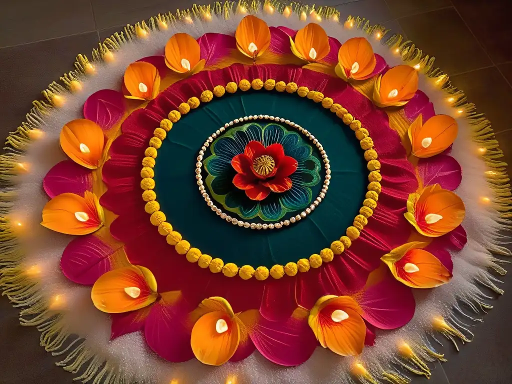 Un rangoli vibrante con motivos tradicionales de Diwali en una habitación iluminada