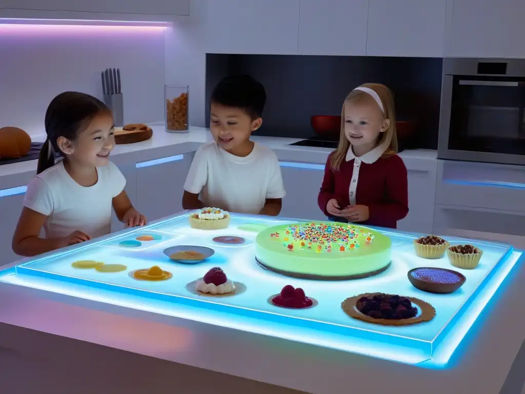 Realidad Aumentada repostería niños divertida: Cocina futurista con recetas holográficas y niños asombrados interactuando creativamente