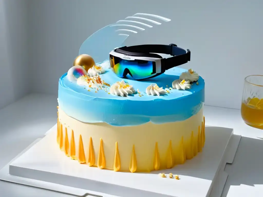 Realidad Aumentada en repostería: un headset futurista proyecta instrucciones de cocina sobre una mesa con pastel