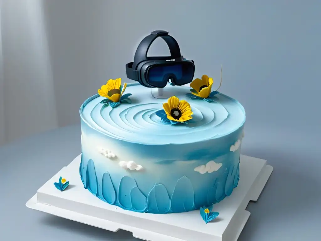 Realidad aumentada en repostería: Headset futurista sobre una tarta decorada con elementos virtuales y flores comestibles