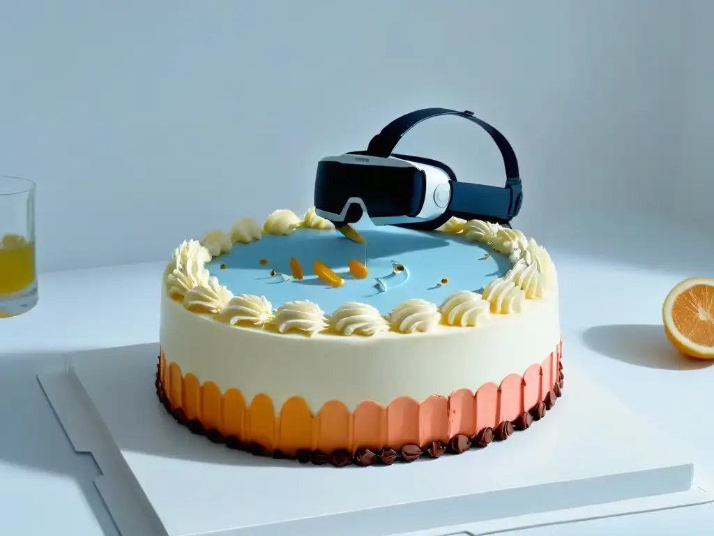 Realidad aumentada en repostería innovadora: Un casco futurista iluminando un pastel decorado en una encimera blanca