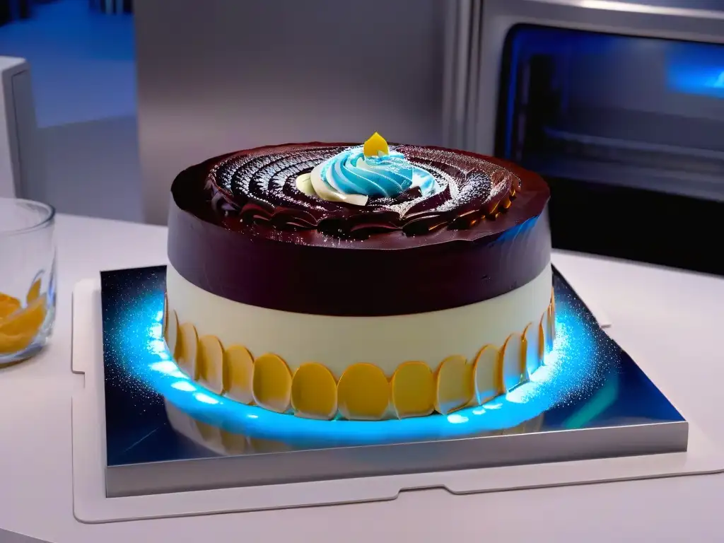 Realidad Aumentada en repostería: Holograma 3D de un pastel decadente se materializa en cocina futurista