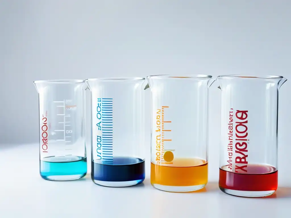 Ilustración de Realidad Aumentada: Vaso de vidrio con capas de líquidos coloridos representando componentes químicos de alimentos