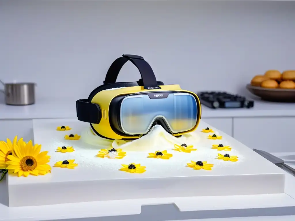 Realidad virtual en la cocina: chef pastelero virtual Realidad virtual en la cocina: auriculares, flores y utensilios de repostería, reflejan al chef creando decoraciones de azúcar