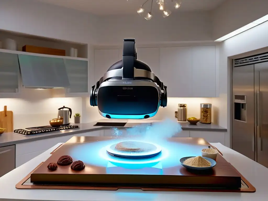 Headset de realidad virtual en cocina futurista holográfica Realidad virtual competencias repostería: Un headset futurista en una cocina holográfica
