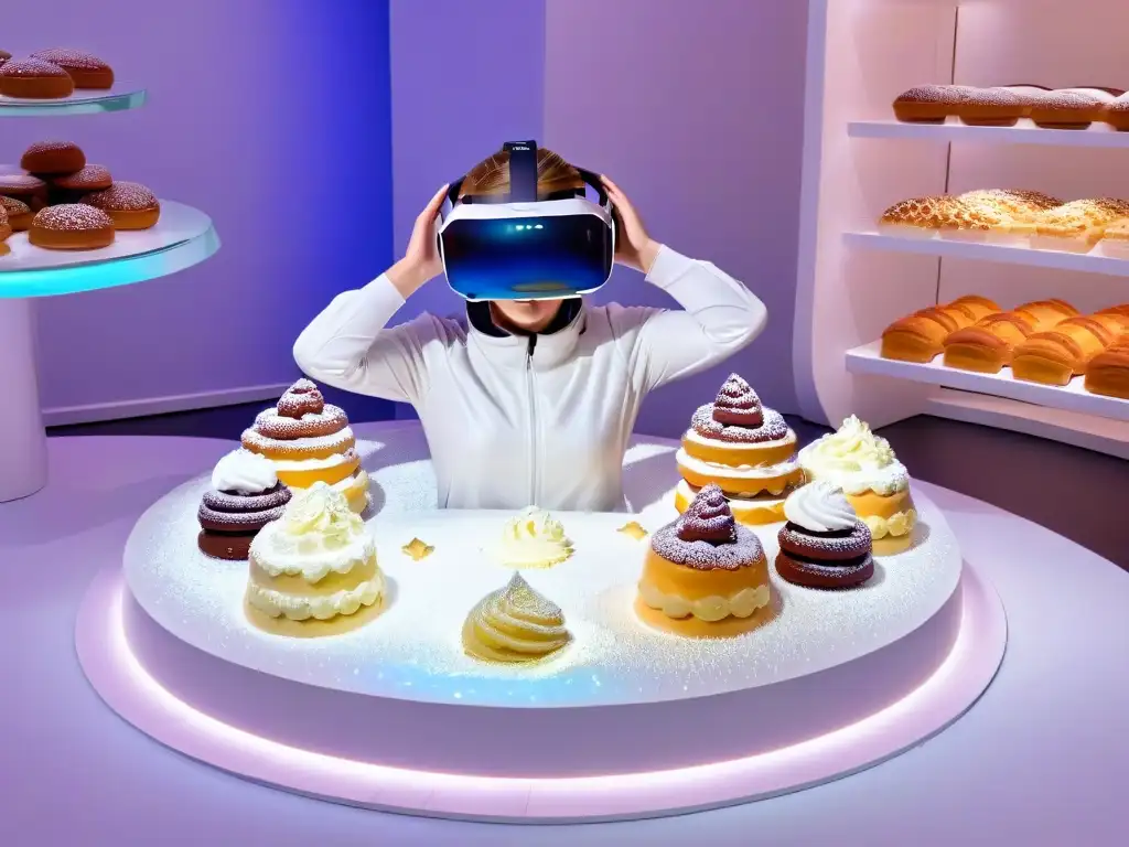 Realidad virtual en repostería: Headset moderno y pasteles flotantes en un espacio digital luminoso y detallado