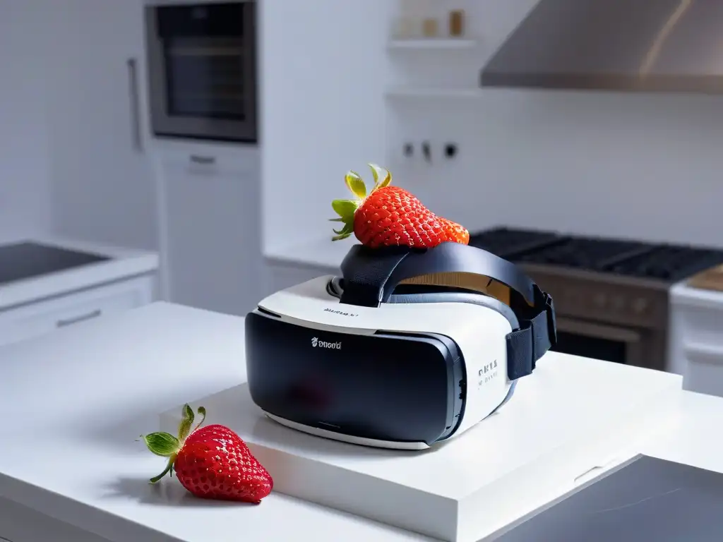 Realidad virtual en repostería: Auriculares VR en cocina moderna con toque futurista y detalles culinarios