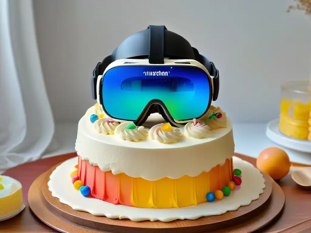 Realidad virtual fusionada con repostería creativa en 8k Realidad Virtual en repostería creativa: un headset rodeado de masa de pastel y herramientas de repostería flotantes