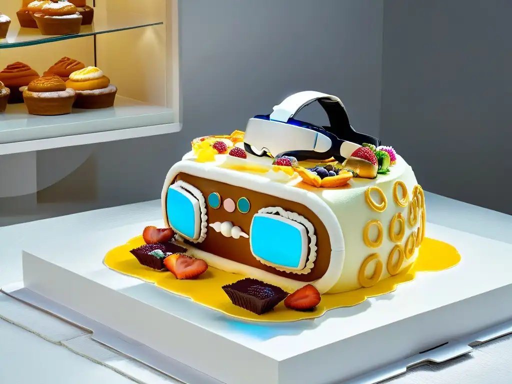 Realidad Virtual en repostería: auriculares VR junto a delicias pasteleras en una encimera blanca