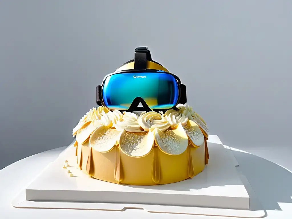 Realidad virtual en repostería moderna: Un casco de realidad virtual con diseños de repostería holográfica