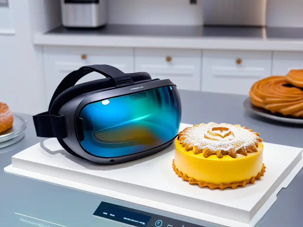 Realidad Virtual repostería técnicas complejas: Un visor VR proyecta recetas de repostería detalladas en una cocina virtual moderna