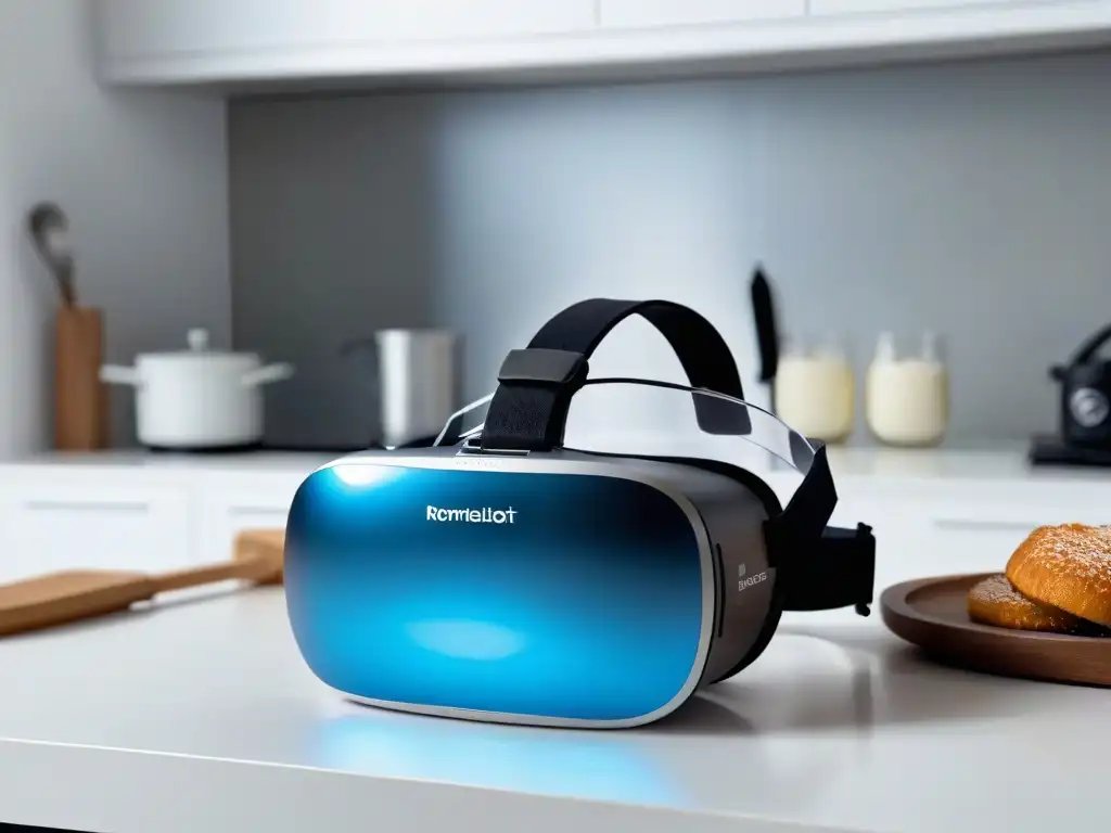 Realidad Virtual formación reposteros: Auriculares VR iluminan utensilios de cocina en encimera moderna