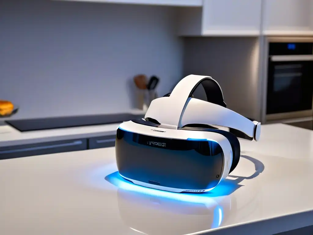 Realidad Virtual para Formación de reposteros: Headset en cocina moderna iluminada