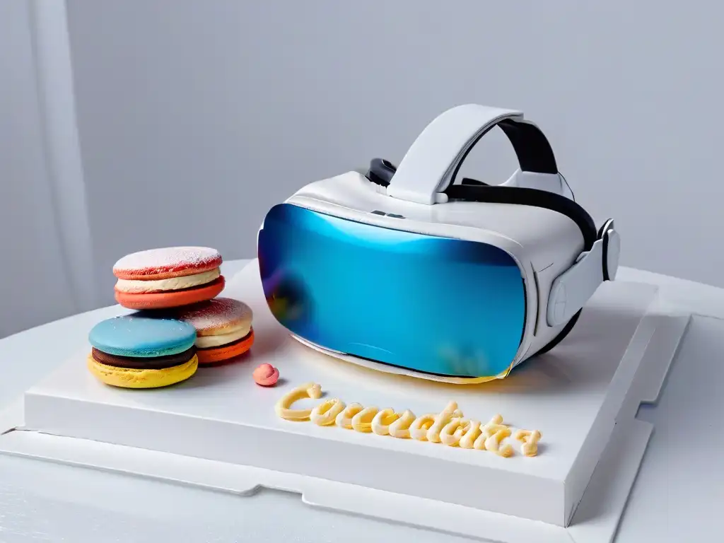 Realidad Virtual tendencias repostería global: auriculares VR modernos rodeados de postres virtuales en un ambiente futurista y minimalista