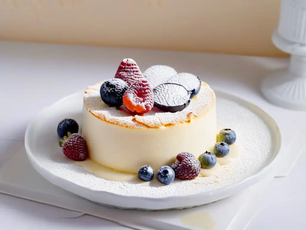 Una rebanada de cheesecake bellamente decorada con frutos rojos y azúcar glass en un plato delicado, sobre un fondo de colores pastel