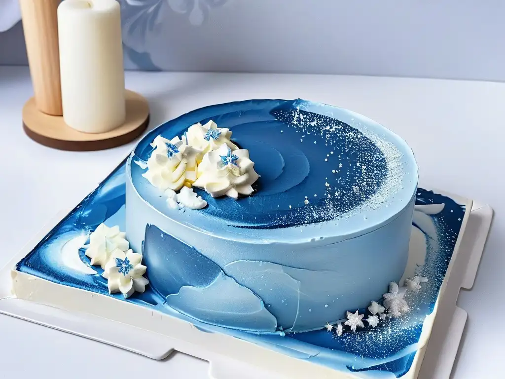 Una rebanada de cheesecake mágico inspirado en Narnia, con swirls de frosting azul y brillo comestible, en un plato de plata