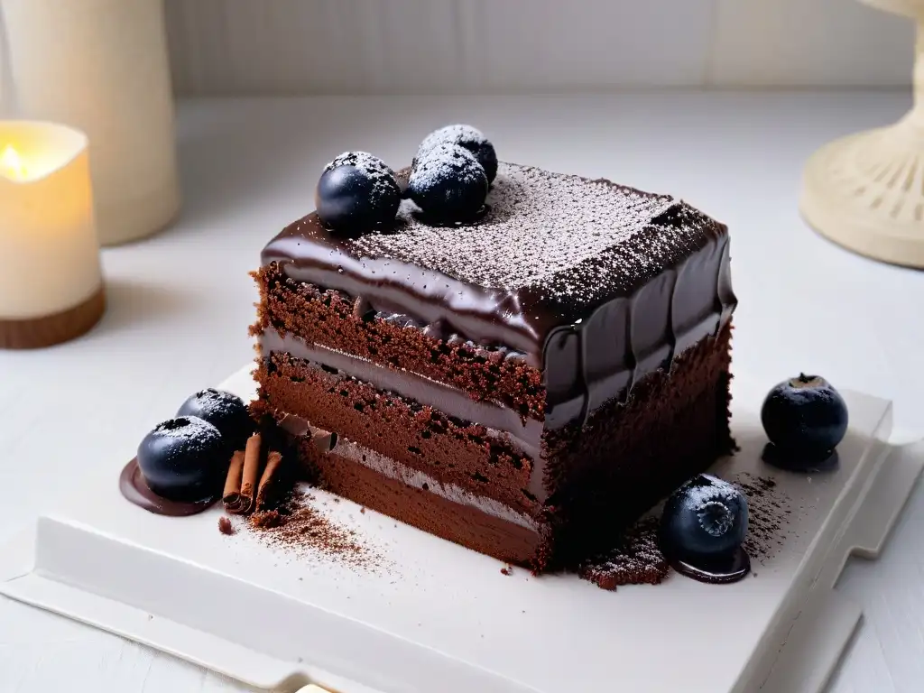 Delicioso pastel de chocolate: detalle ultra realista Una rebanada decadente de pastel de chocolate, con ganache brillante y virutas de cacao, en evolución hacia la perfección