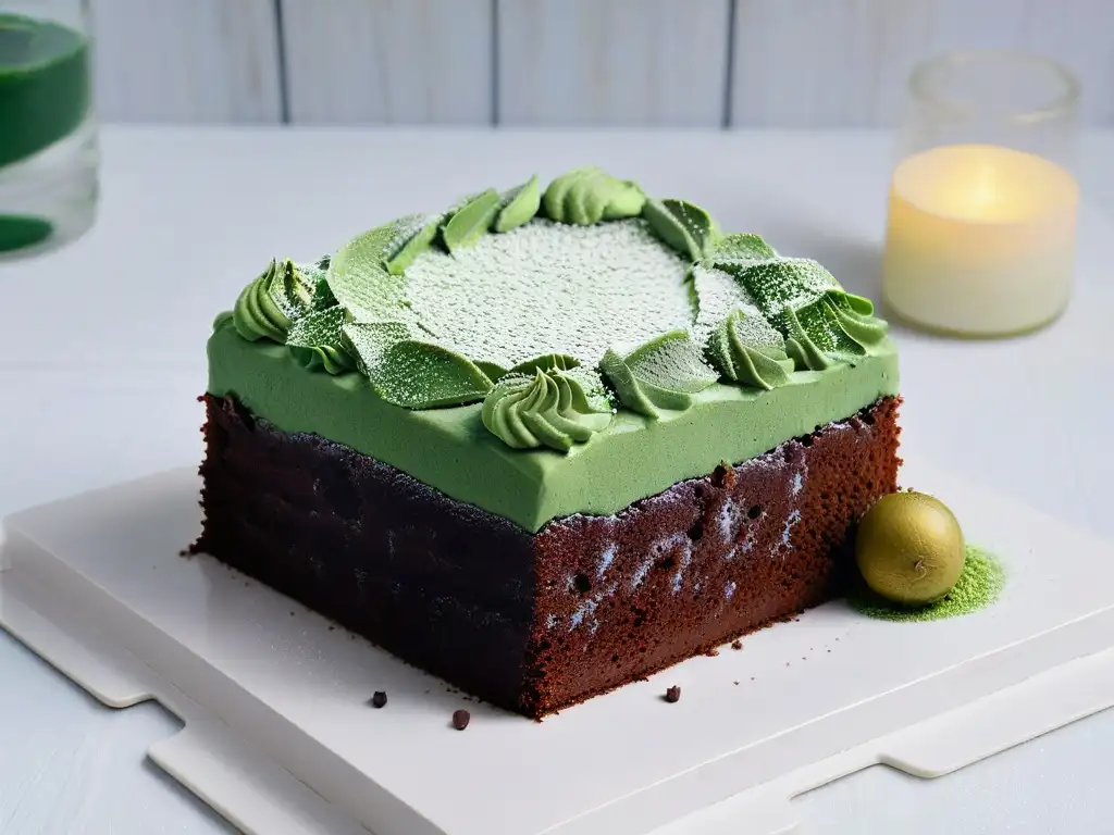 Una rebanada de pastel de chocolate decadente con espirulina en un plato blanco, ideal para recetas postres espirulina saludables