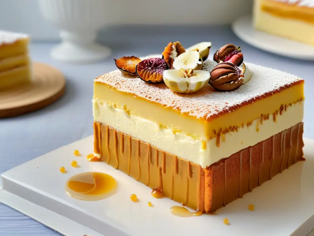 Una rebanada de pastel Medovik ruso con capas de miel y crema, bañada en miel y nueces picadas