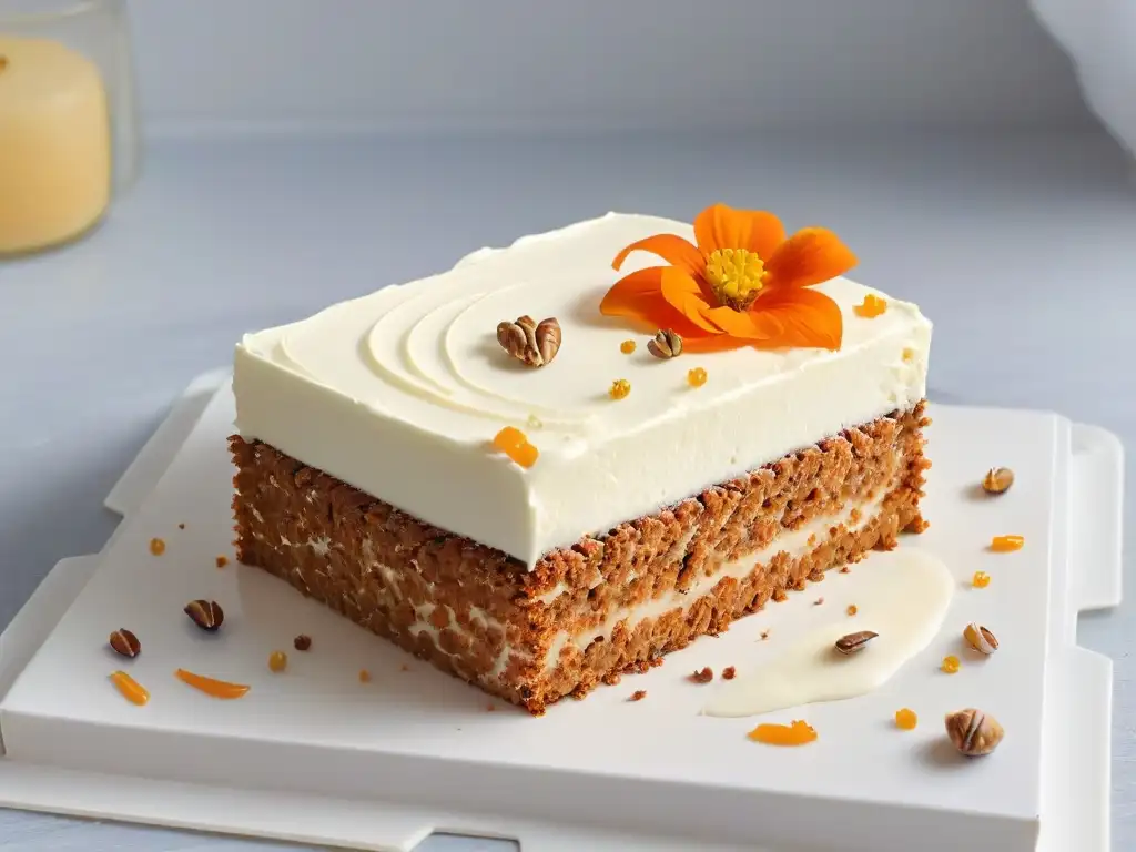 Una rebanada de pastel de zanahoria saludable con crema y nueces en plato blanco sobre mármol