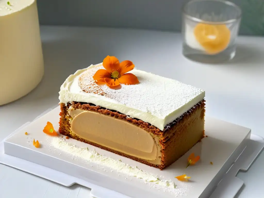 Una rebanada de pastel de zanahoria saludable, con flores comestibles y azúcar glass, en un plato blanco moderno