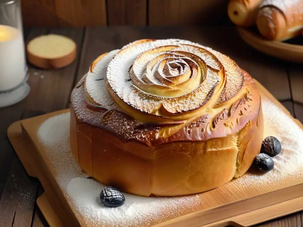 Delicioso Kouglof recién horneado en mesa rústica Receta kouglof repostería alsaciana: Detalle de un Kouglof recién horneado, con azúcar glas y almendras, en mesa rústica