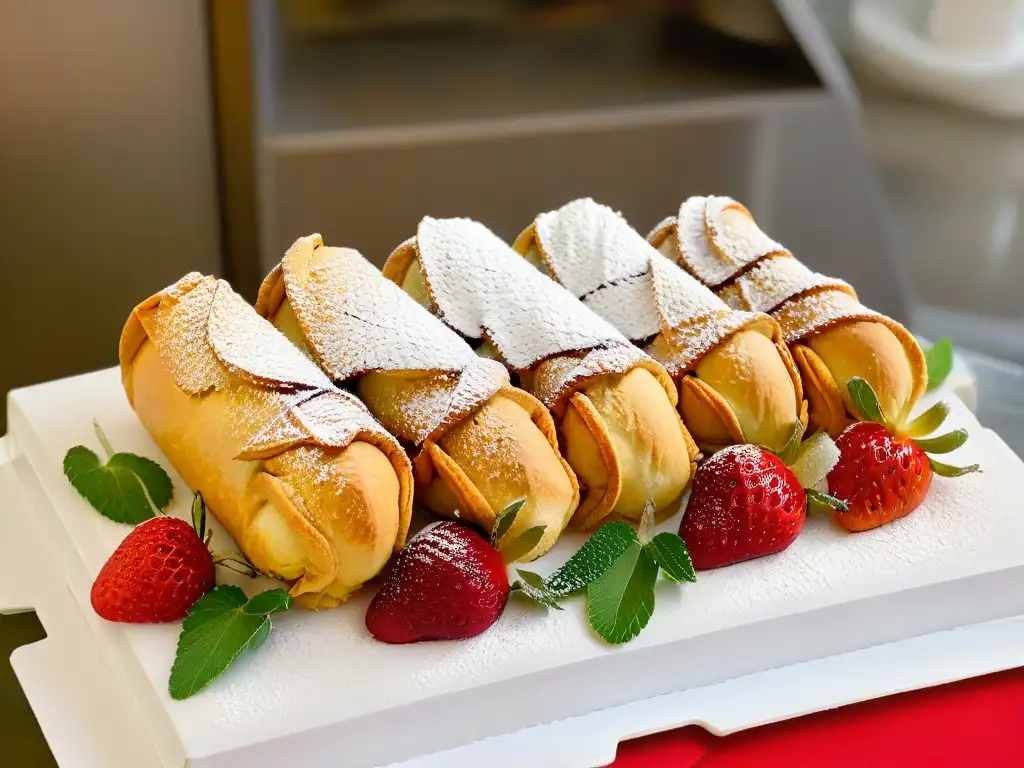 Receta auténtica cannoli sicilianos en elegante pastelería con fresas y menta