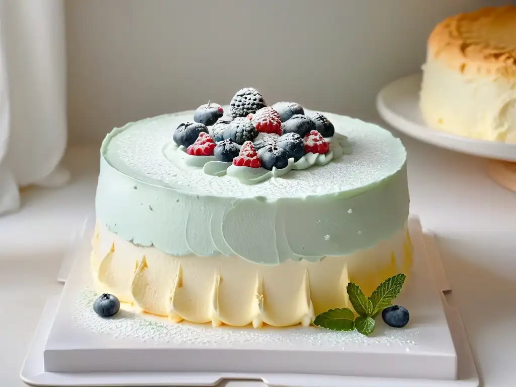 Receta Angel Food Cake esponjoso: Exquisito pastel blanco con bayas y menta en soporte elegante