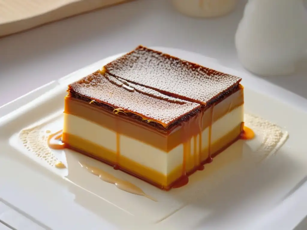 Receta Caramel Slice equilibrio perfecto: Detalle de una rebanada de caramelo con sal marina, sobre plato blanco