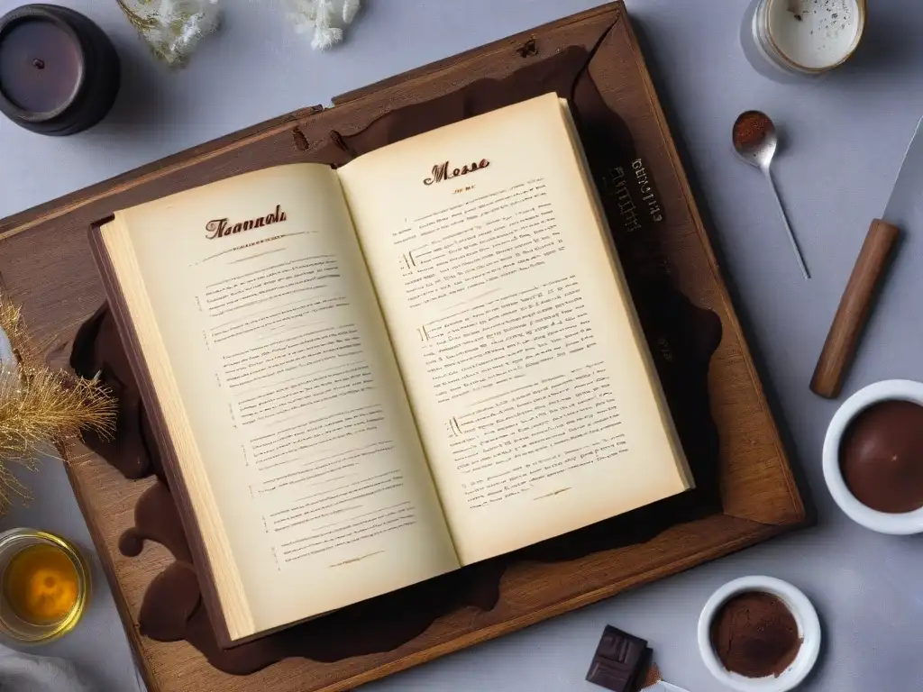 Receta mousse chocolate historia: Libro vintage con notas escritas y salpicaduras de chocolate, en mesa de madera iluminada cálidamente