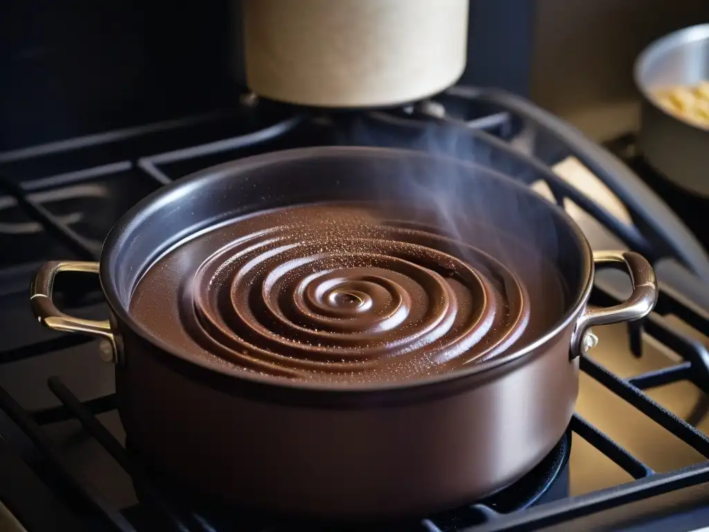 Receta chocolate a la taza: Delicioso chocolate fundiéndose lentamente en una cacerola sobre la estufa de gas en una cocina moderna y elegante