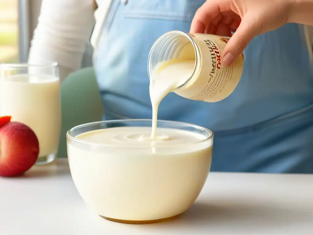 Preparando receta crema leche vegana casera en un cuenco de cristal con luz natural suave