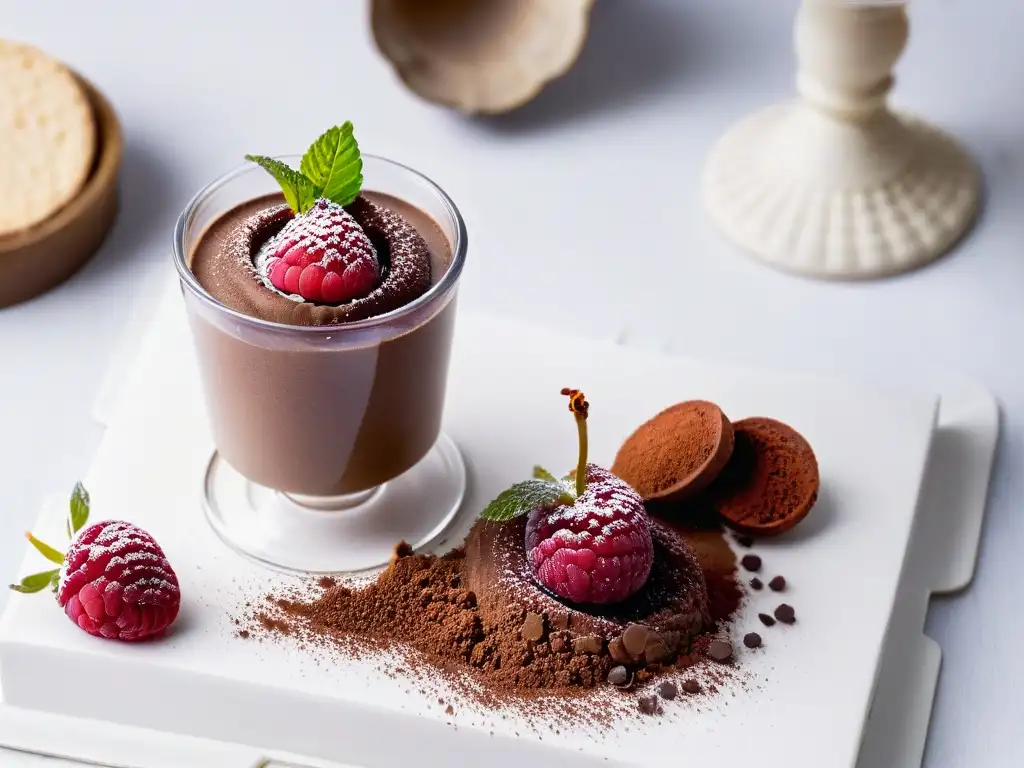 Receta fácil mousse chocolate francés: Exquisita mousse de chocolate en copa decorada con frambuesa y cacao