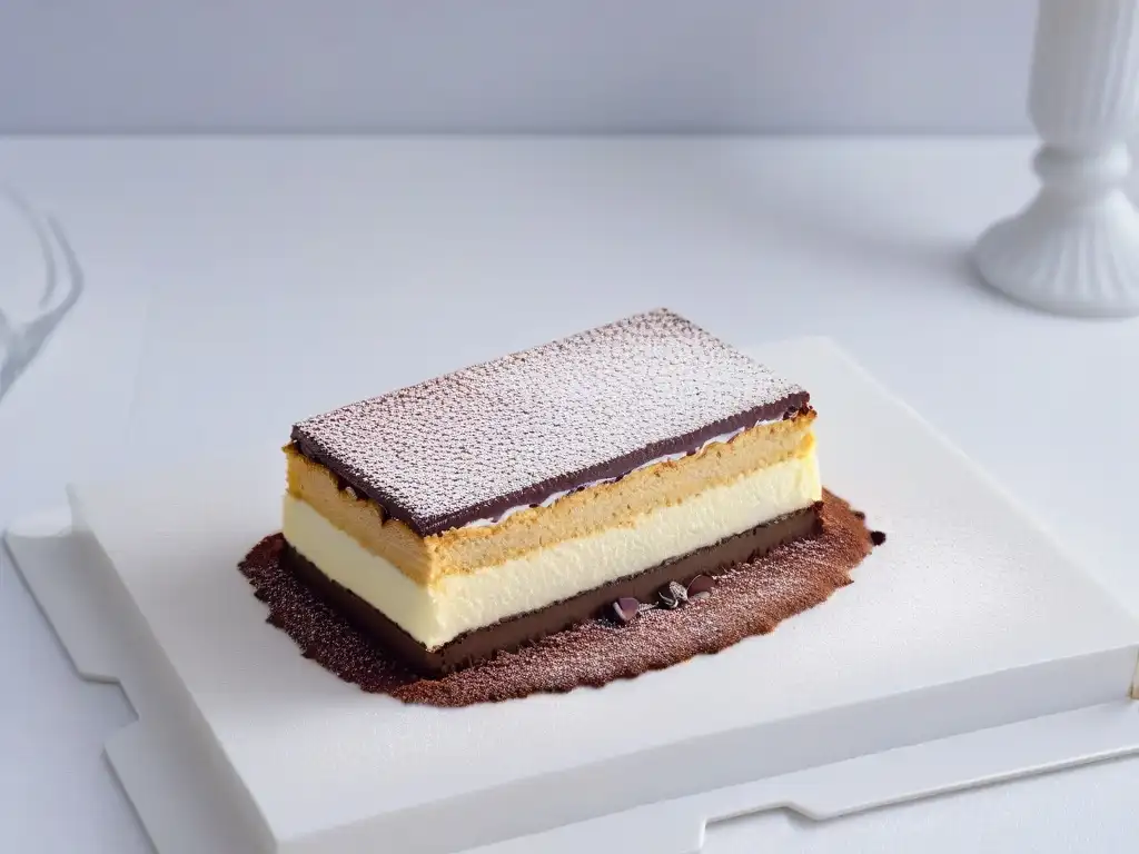 Receta Tiramisú saludable fácil: Delicioso postre con capas de mascarpone, bizcochos de café y cacao, sobre plato cerámico en encimera de mármol