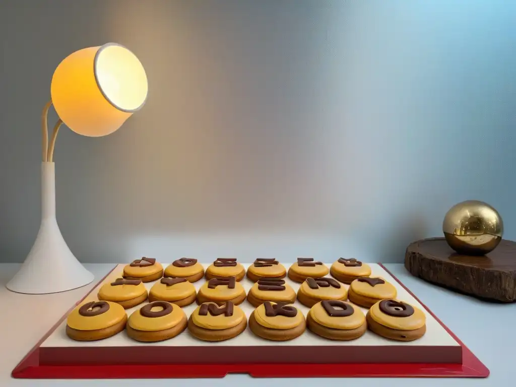 Receta de galletas Stranger Things: Detalle meticuloso de galletas con forma de luces de pared, en un moderno mostrador de cocina