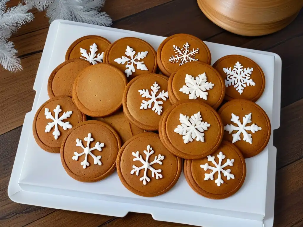 Receta galletas jengibre navidad: Detalle de galletas recién horneadas decoradas con glaseado blanco en mesa rústica