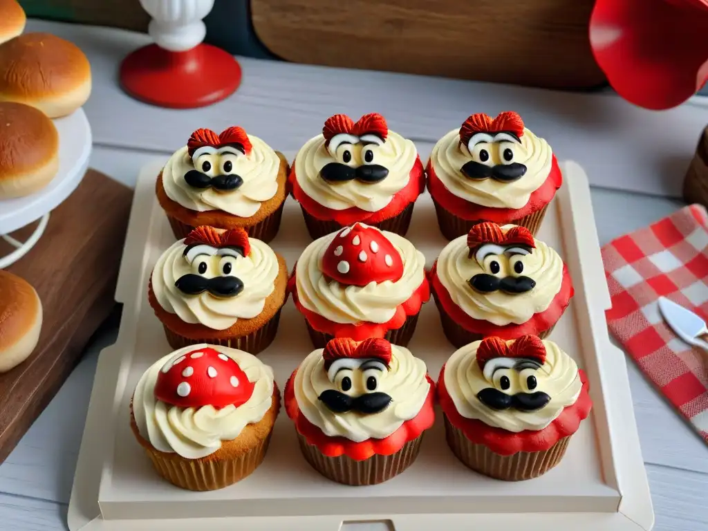 Receta magdalenas Super Mario: Detallada bandeja de muffins inspirados en el juego, con decoraciones icónicas y ambiente nostálgico