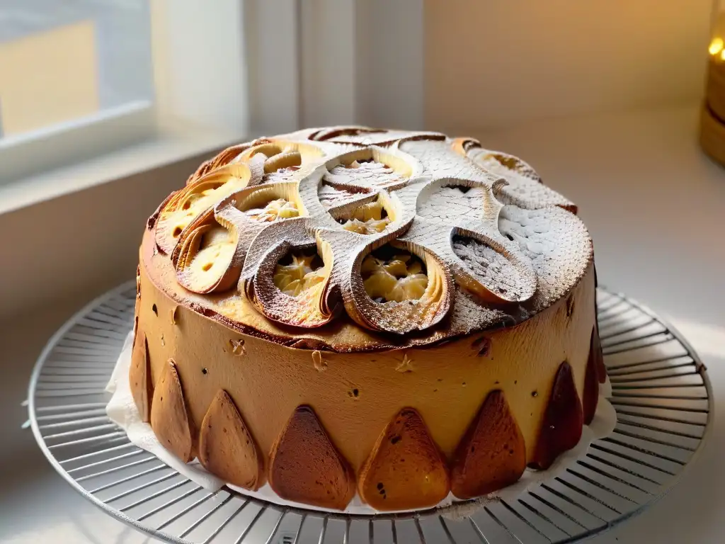 Panettone casero recién horneado: detalle dorado y tentador Receta de Panettone casero para Navidad: Panettone recién horneado con azúcar glaseada, textura dorada y frutas confitadas