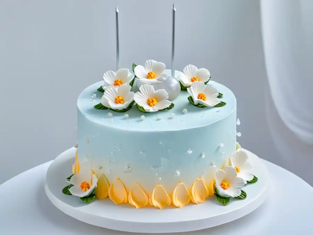 Receta perfecta concurso repostería: Detalle de tarta tres pisos con flores de azúcar delicadas en tonos pastel y frosting impecable