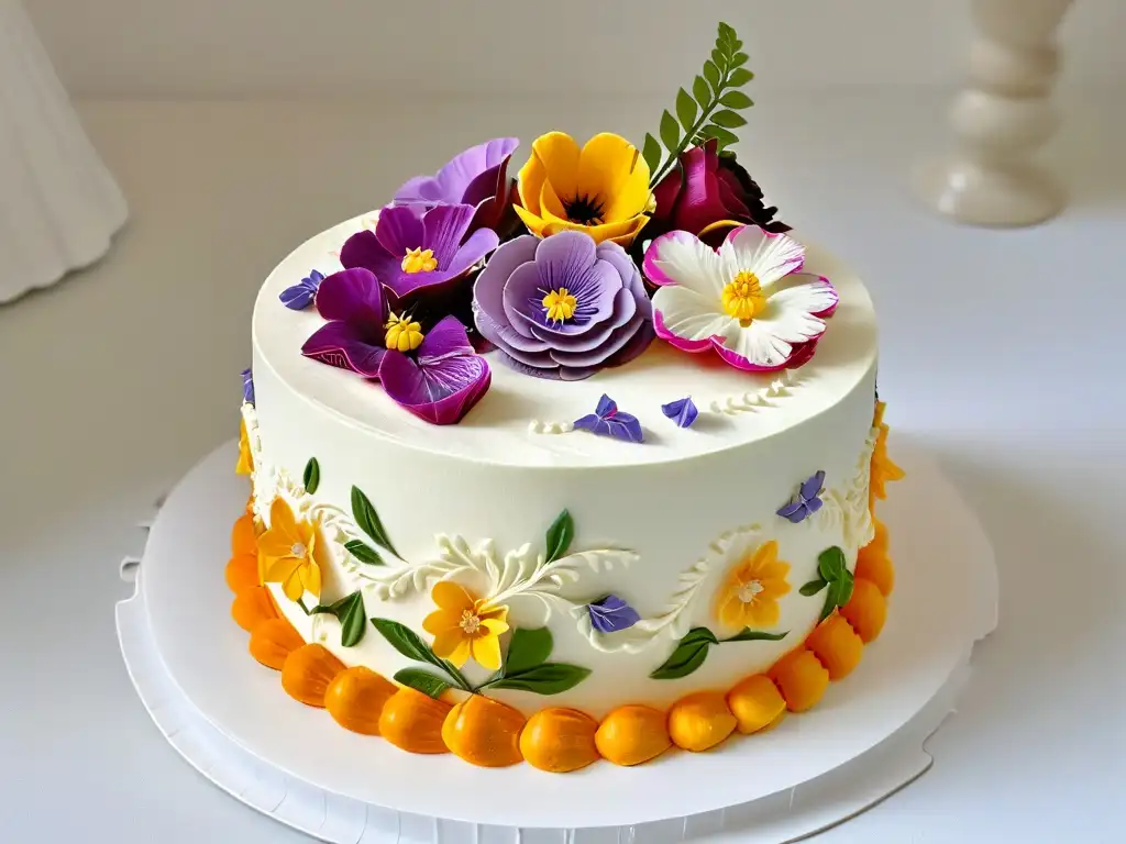 Una receta perfecta concurso repostería: pastel decorado con detalles elaborados y flores comestibles vibrantes en soporte cerámico blanco